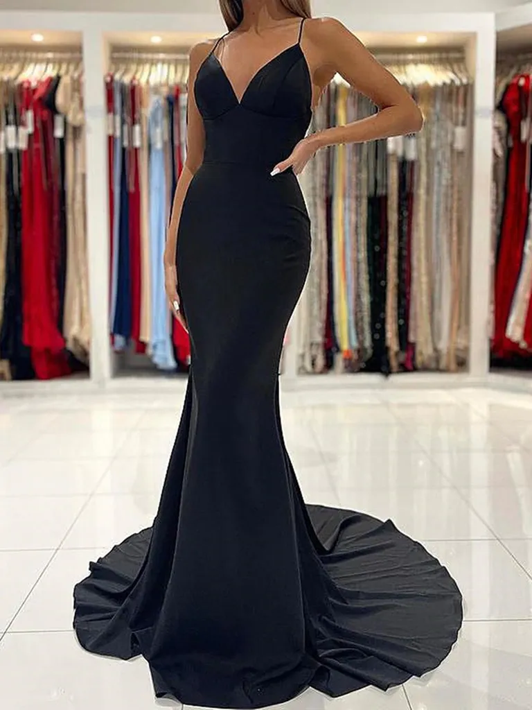 V Neck Black Mermaid Backless  Prom Dresses, Black Mermaid Formal Graduation Dresses
