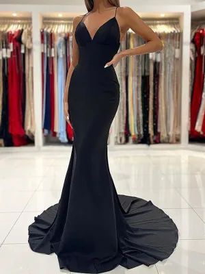 V Neck Black Mermaid Backless  Prom Dresses, Black Mermaid Formal Graduation Dresses