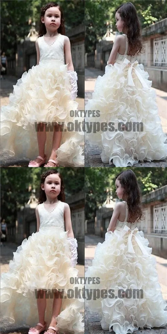 V-neck Hi-low Ivory Flower Girl Dresses, Cute Cheap Tutu Dresses, TYP0526