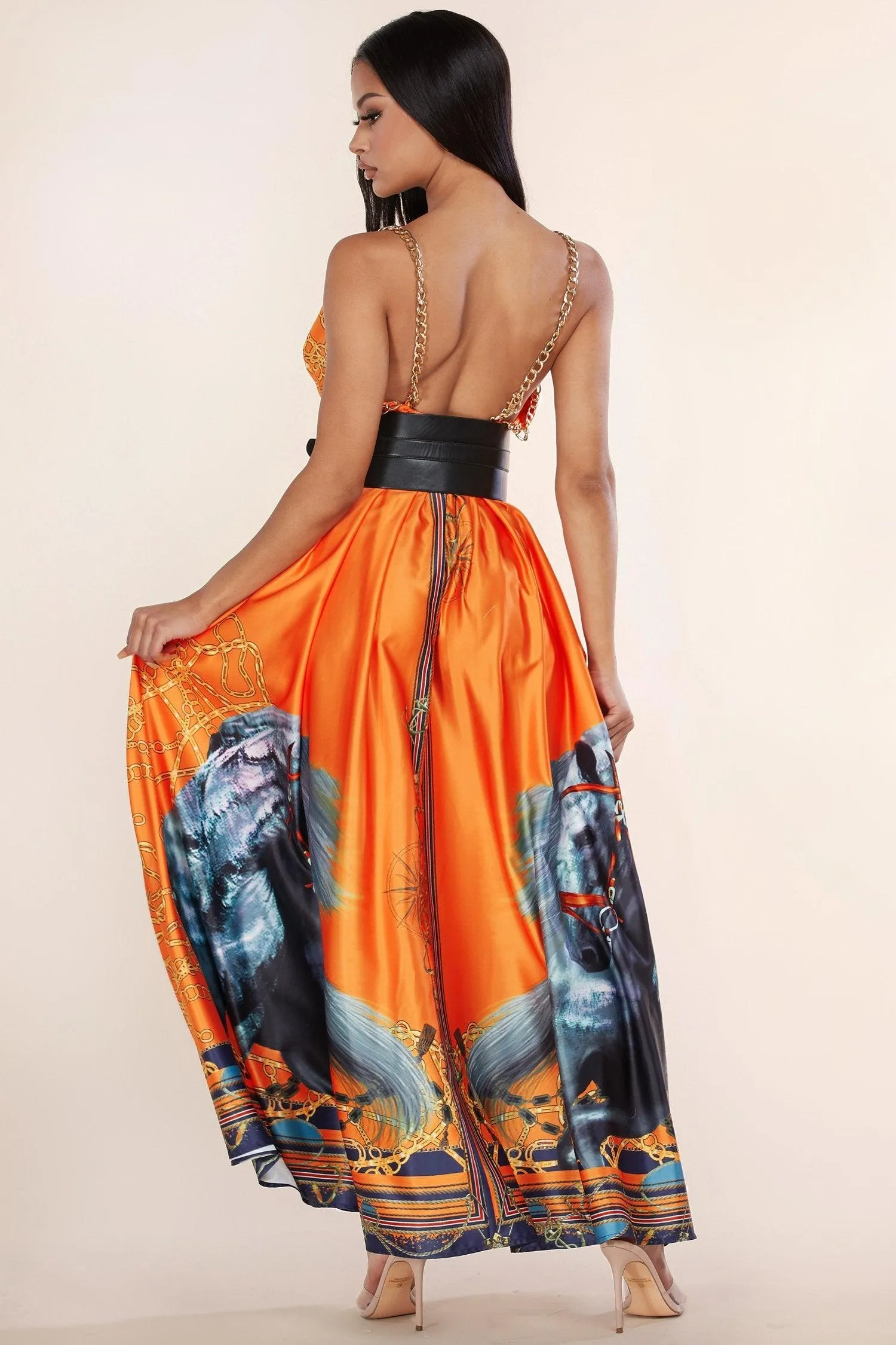 VIBRAN ORANGE MAXI DRESS WITH CHAIN DETAIL