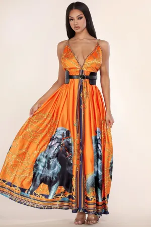 VIBRAN ORANGE MAXI DRESS WITH CHAIN DETAIL