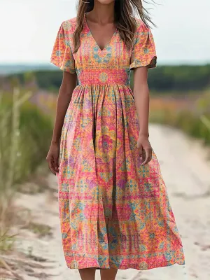 Vintage V-neck Bohemian Floral Print Elegant Chic Loose Midi Dress