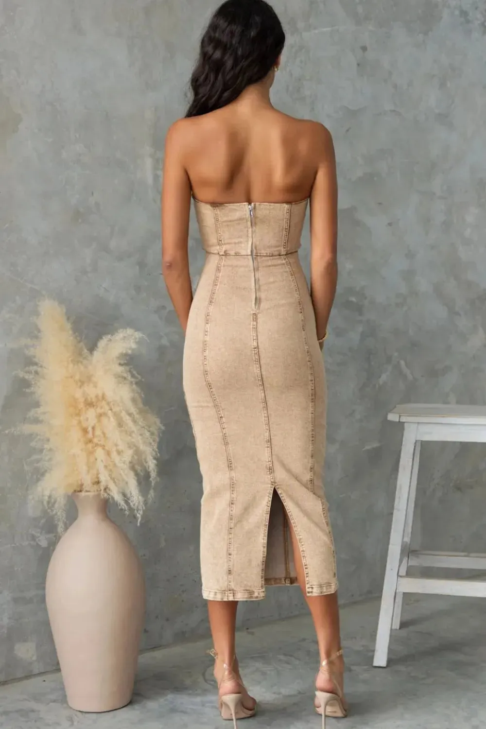 Washed Slit Back Tube Denim Dress