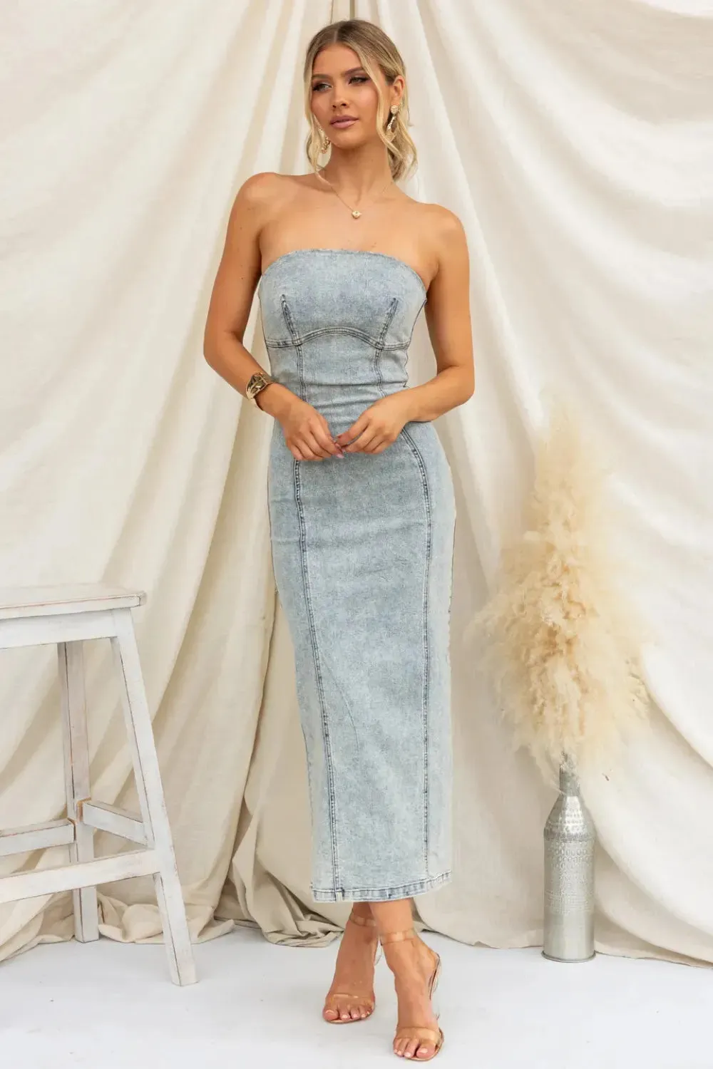 Washed Slit Back Tube Denim Dress