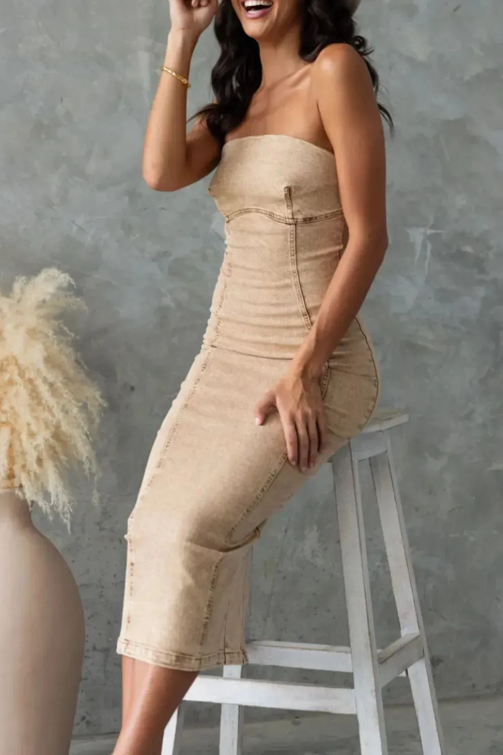 Washed Slit Back Tube Denim Dress
