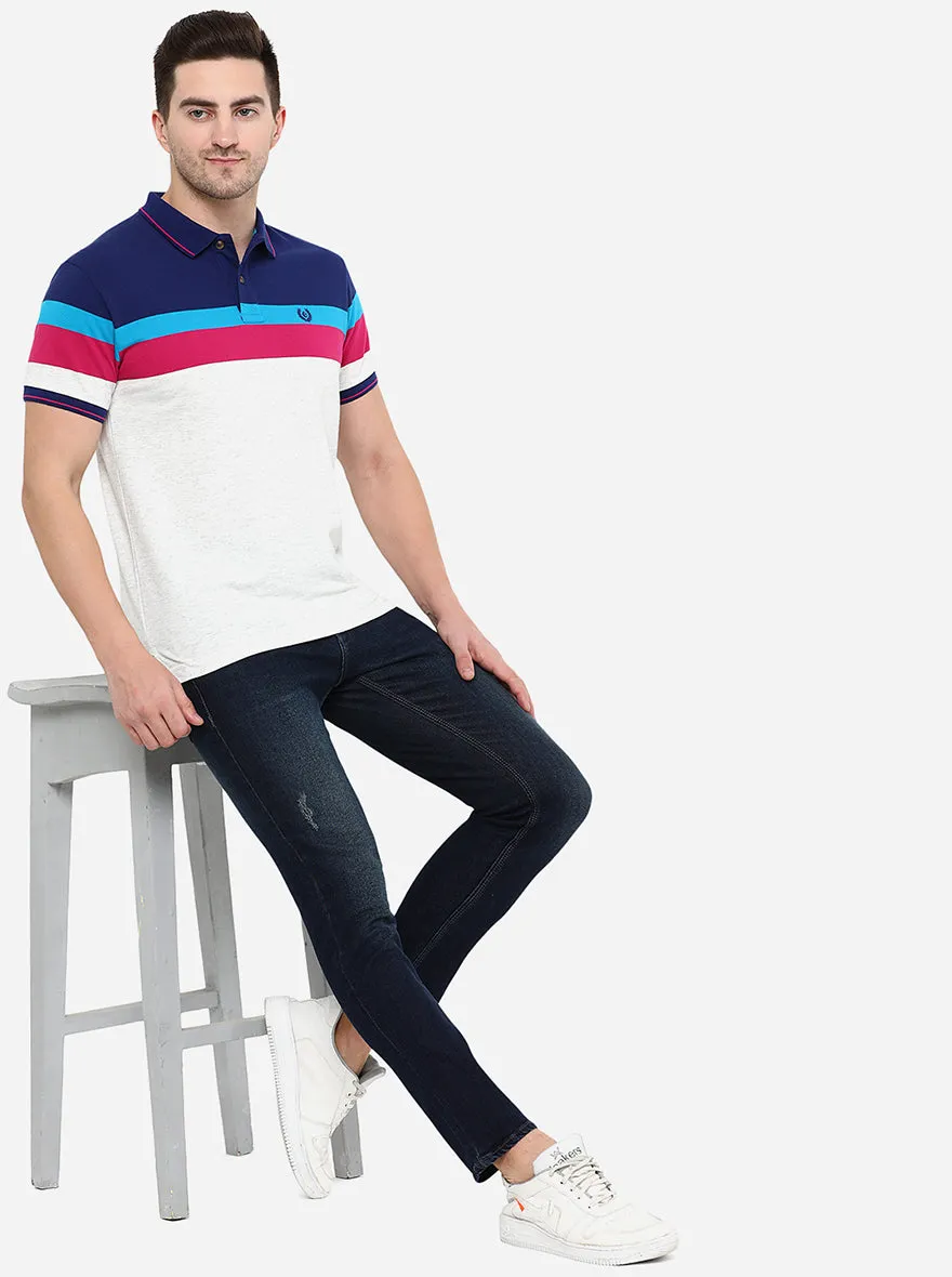 White & Blue Striped Slim Fit Polo T-Shirt | Greenfibre