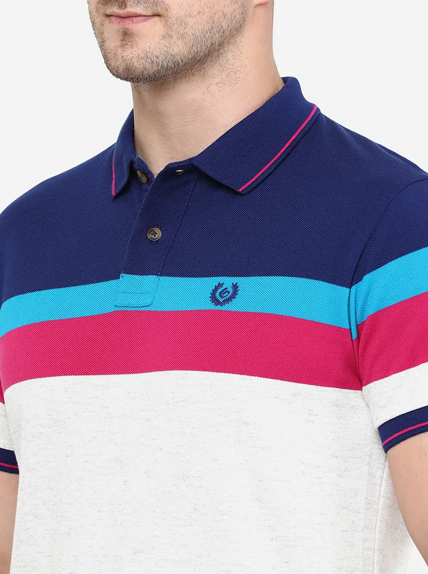 White & Blue Striped Slim Fit Polo T-Shirt | Greenfibre