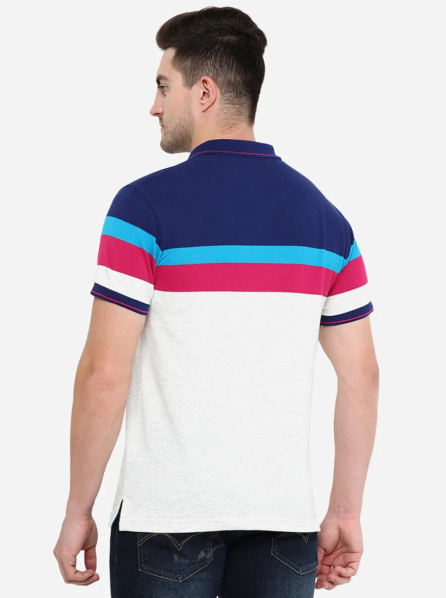 White & Blue Striped Slim Fit Polo T-Shirt | Greenfibre
