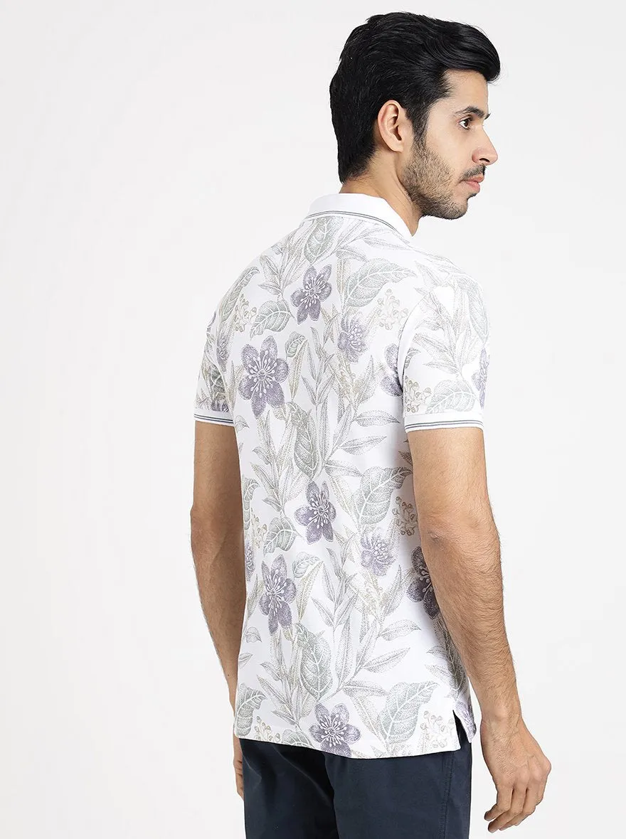 White Printed Slim Fit Polo T-Shirt | Greenfibre
