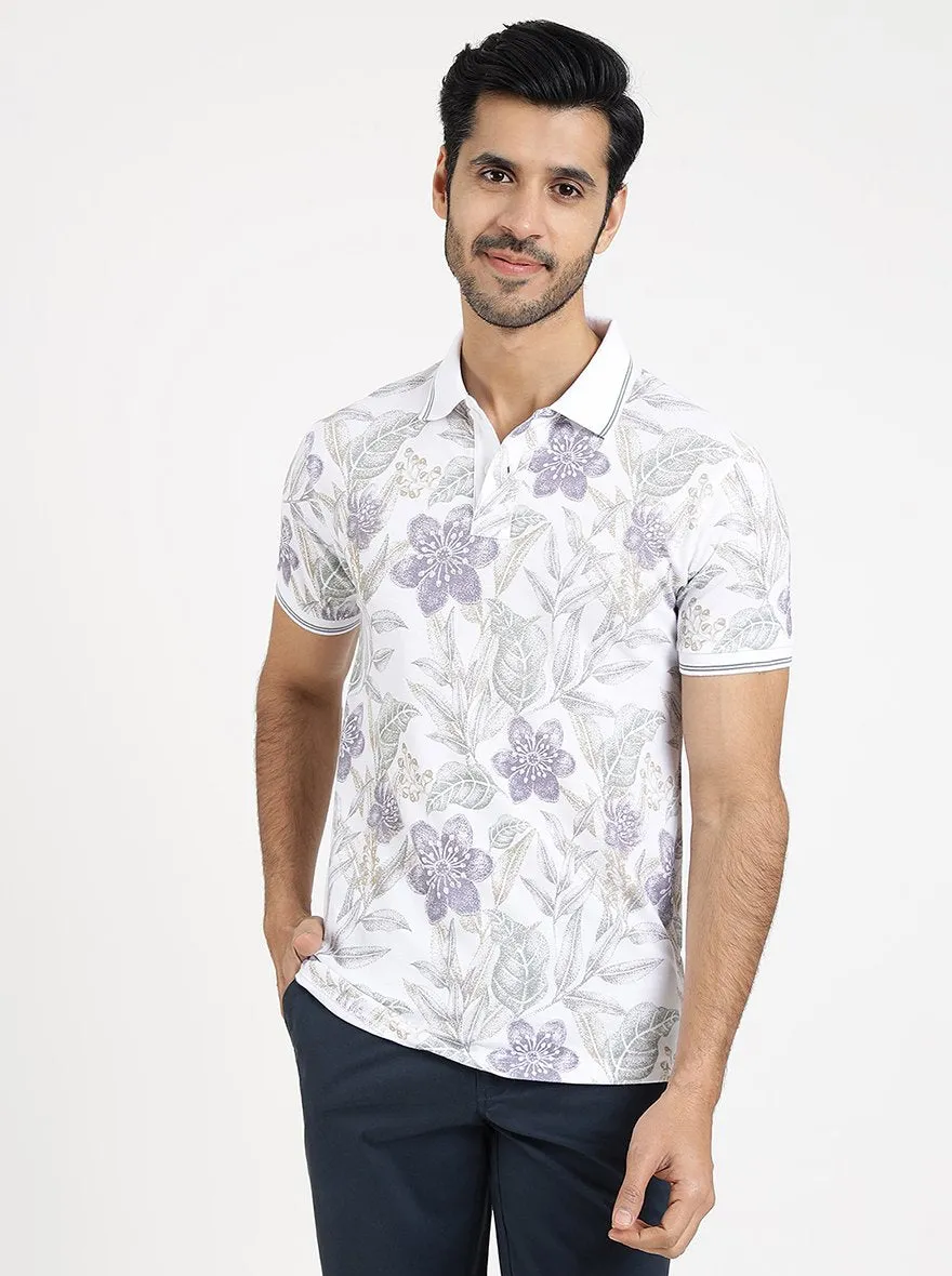 White Printed Slim Fit Polo T-Shirt | Greenfibre