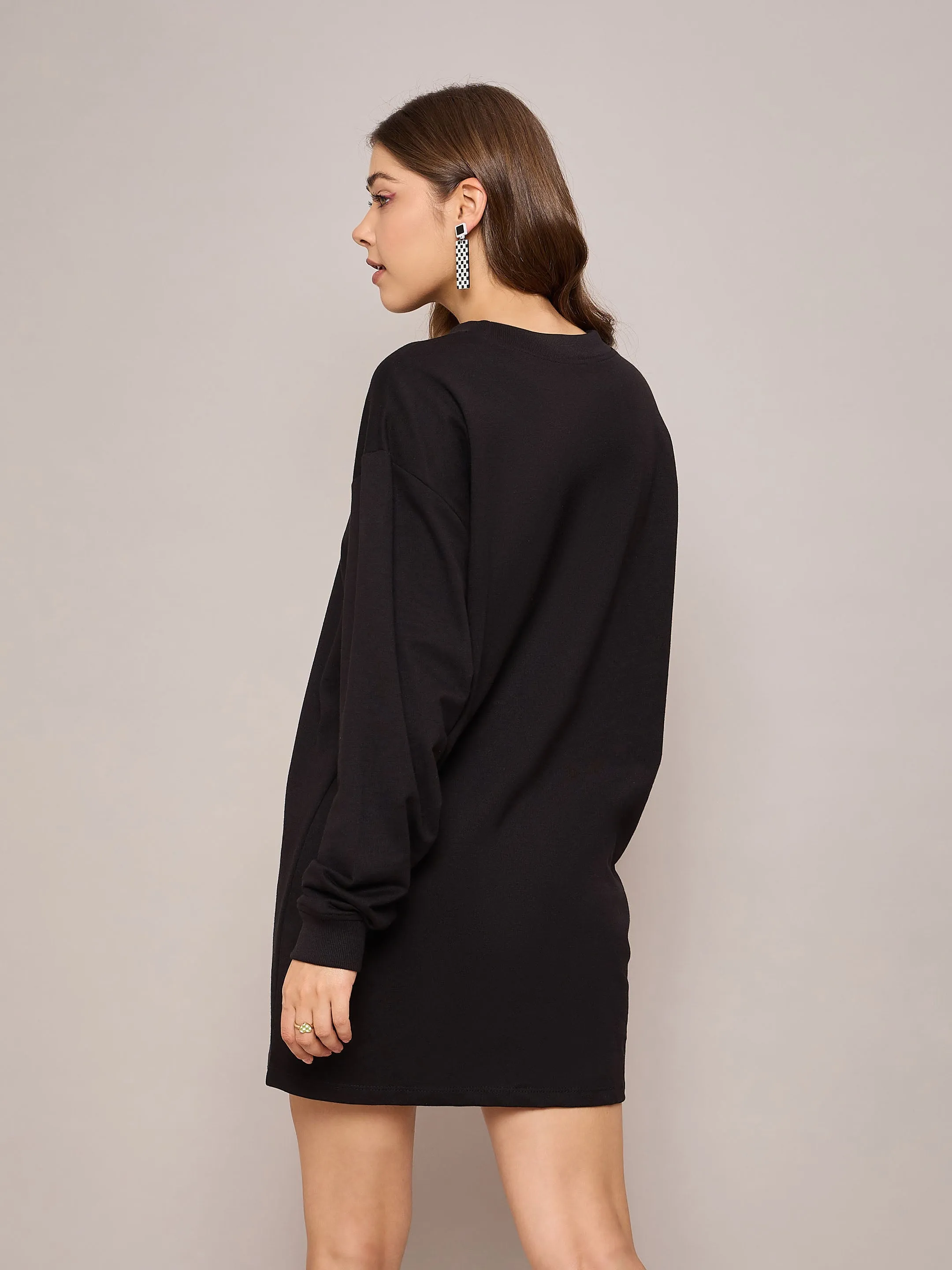 Women Black Terry Oversized Short Sweat Dress