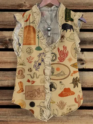 Women's Retro Western Style Print Ruffle Front Tank Top
