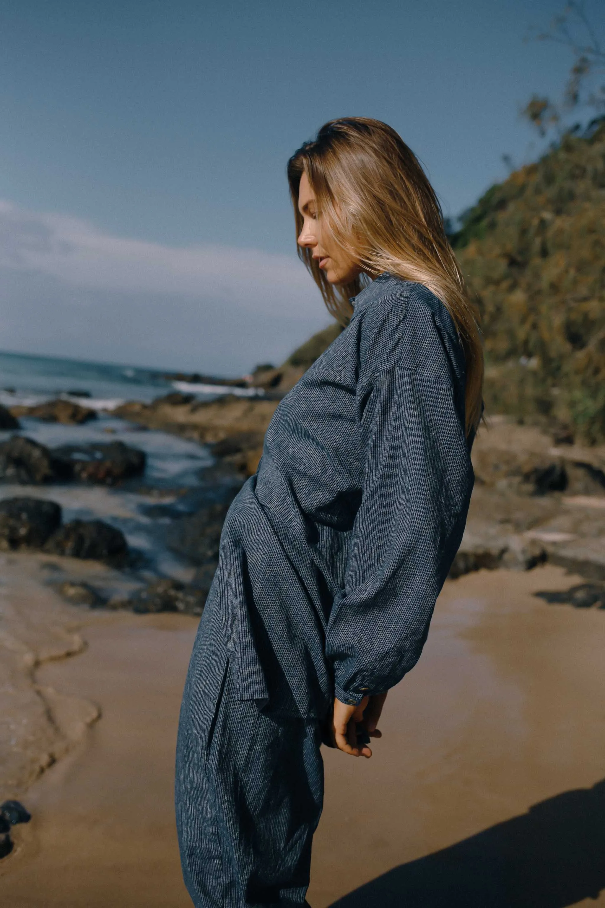 Yumi Shirt Navy Pinstripe - The Bare Road